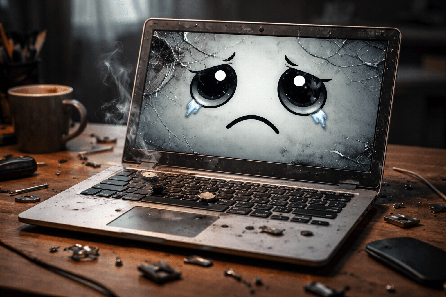 A broken smoking laptop with a sad face on the screen sitting on a cluttered repair table.